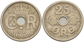 Дания 25 эре 1926 HCN ; GJ, Кристиан X (1912-1947) KM 823.1 медно-никель 4383-514