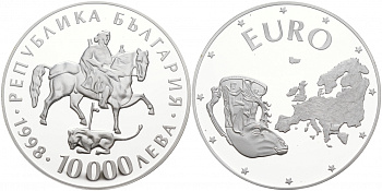 Болгария 10000 левов 1998 объединенная Европа, античная чаша KM 235 серебро PROOF 00-000-00