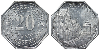 Германия, Нюрнберг - Фюрт 20 пфеннигов ND трамвайный жетон, сберегательная касса алюминий UNC 4119-614