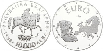 Болгария 10000 левов 1998 объединенная Европа, античная чаша KM 235 серебро PROOF 00-000-00