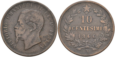 Италия 10 чентезимо 1866 N, ВИКТОР ЭММАНУИЛ II (1861-1878), монетный двор НЕАПОЛЬ KM 11.4 медь 4572-324