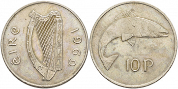 ИРЛАНДИЯ 10 ПЕНСОВ 1969 ЛОСОСЬ KM 23 медно-никель 3457-313