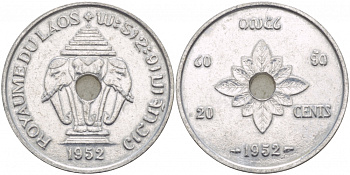 Лаос 20 центов 1952 король Сисаванг Вонг (1904-1959), слоны KM 5 алюминий 4545-445