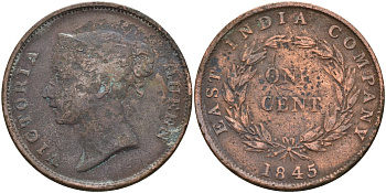 Стрейтс-Сетлментс 1 цент 1845 Виктория (1837-1901), Ост-Индская компания KM 3 медь 4590-125