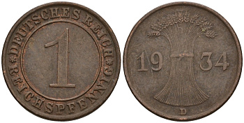 Германия 1 рейхспфенниг 1934 D KM 37, J. 313 бронза 4549-469