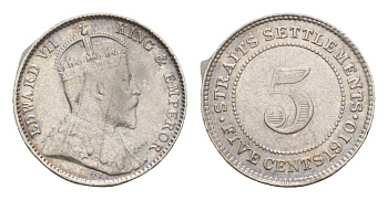 Стрейтс-Сетлментс (Стрейтс Сетлментс) 5 центов 1910 Эдуард VII (1901-1910) KM 20a серебро 1521-742