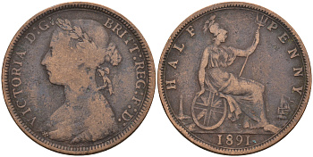 Великобритания 1/2 пенни 1891 Виктория (1837-1901) KM 754 Spink 3956 бронза 4589-917