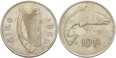 ИРЛАНДИЯ 10 ПЕНСОВ 1969 ЛОСОСЬ KM 23 медно-никель 3457-313
