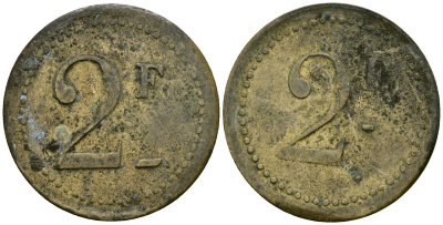 Франция 2 франка XIX-XX век ресторанный жетон латунь 4166-947