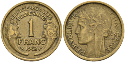 Франция 1 франк 1932 KM 885, Le Franc 219.2 алюминиевая бронза 4142-814