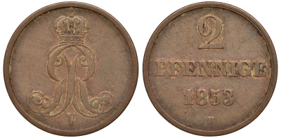 Брауншвейг-Каленберг-Ганновер 2 пфеннига 1853 B, Георг V (1851-1866) KM 217,aKS 152, J. 84 медь 4142-135