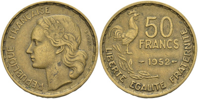 Франция 50 франков 1952 B, петух KM 918.1, Le Franc 425.5 алюминиевая бронза 4607-535