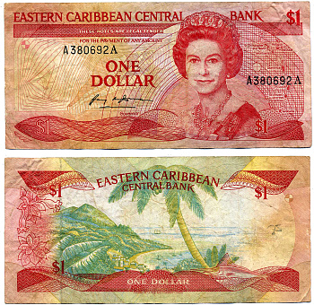 Восточно-Карибские штаты 1 доллар 1988-1989 TDLR, буква А Pick 21а бумага VF 2197-31-2-1