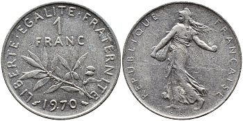ФРАНЦИЯ 1 ФРАНК 1970 СЕЯТЕЛЬ KM 925.1 никель 4393-215