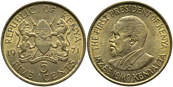 Кения 5 центов 1971 Джомо Кениата KM 10 никель латунь 4529-945