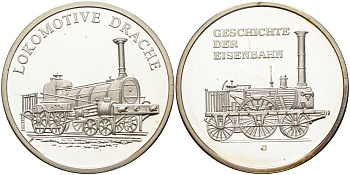 ФРГ медаль ND серия история железной дороги, локомотив "дракон" (lokomotive drache), диаметр 32 мм., серебрение бронза PROOF 1099-2-51