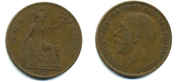 Великобритания 1 пенни 1927 Георг V (1910-1936) КМ 826, Spink 4054 бронза 41-933