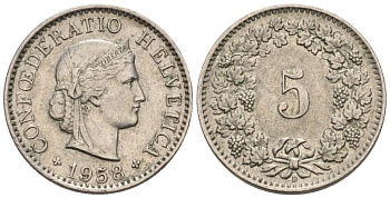 Швейцария 5 раппенов 1958 В KM 26 медно-никель 4576-929