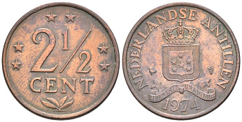 Нидерландские Антилы 2 1/2 цента 1974 Юлиана (1948-1980) KM 9 бронза 4577-441