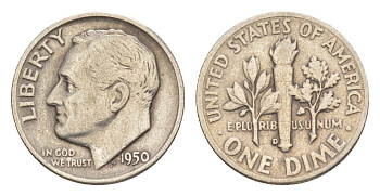 США 1 дайм (10 центов) 1950 D KM 195 серебро 4639-232