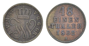 Мекленбург-Шверин 1/48 реала 1862 A, Фридрих Франц II (1842-1883), крайне редкий год KM 311 серебро 413-645