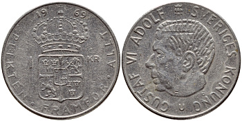 Швеция 1 крона 1969 Густав VI Адольф (1950-1973) KM 826a медь плакированная медно-никелем 63-1353