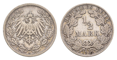 Германия 1/2 марки 1909 A, Вильгельм II (1888-1918) KM 17, J. 16 серебро 4655-261