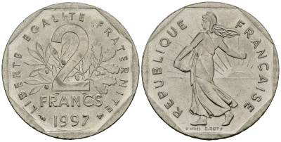 Франция 2 франка 1997 сеятель KM 942.1 никель 4120-426