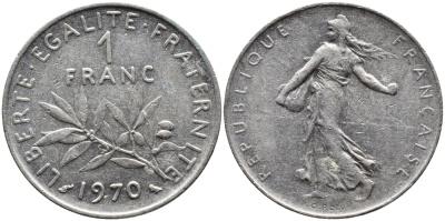 ФРАНЦИЯ 1 ФРАНК 1970 СЕЯТЕЛЬ KM 925.1 никель 4393-215