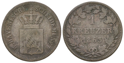 Бавария 1 крейцер 1863 Максимилиан II (1848-1864) KM 473 серебро 4679-953
