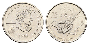 Канада 25 центов 2008 XXI зимние Олимпийские Игры, Ванкувер 2010 - Сноуборд KM 768 сталь плакированная никелем UNC 110-232