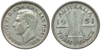 Австралия 3 пенса 1951 m, Георг VI (1937-1952), без букв KM 44 серебро 71-354