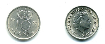НИДЕРЛАНДЫ 10 ЦЕНТОВ 1956 ЮЛИАНА KM 182 никель 76-328