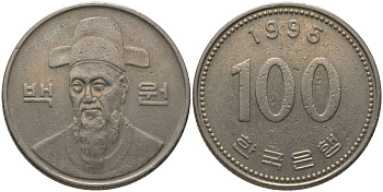 Южная Корея 100 вон 1995 Ли-Сунсин, корейский флотоводец KM 35.2 медно-никель 4187-1011
