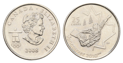 Канада 25 центов 2008 XXI зимние Олимпийские Игры, Ванкувер 2010 - Сноуборд KM 768 сталь плакированная никелем UNC 110-232