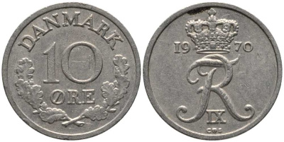 ДАНИЯ 10 ЭРЕ 1970 C; S, ФРЕДЕРИК IX (1947-1972) KM 841.3 медно-никель 116-227