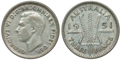 Австралия 3 пенса 1951 m, Георг VI (1937-1952), без букв KM 44 серебро 71-354