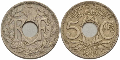 Франция 5 сантимов 1919 тип Линдайё KM 865, Le Franc 121.3 медно-никель 28-342
