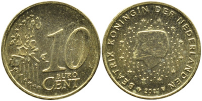 Нидерланды 10 евроцентов 2001 Беатрикс (1980-2013) KM 237 нордик UNC 4391-313
