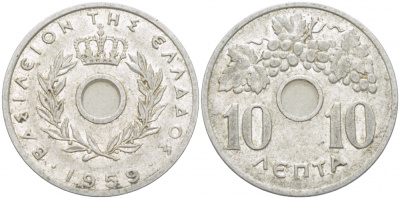 ГРЕЦИЯ 10 ЛЕПТА 1959 ПАВЕЛ I (1947-1964), ВИНОГРАДНАЯ ГРОЗДЬ KM 78 алюминий 77-932