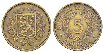 Финляндия 5 марок 1935 S, редкий год, тираж 440.000 KM 31 алюминиевая бронза 4666-832