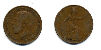 Великобритания 1 пенни 1921 Георг V (1910-1936) KM 810, Spink 4051 бронза 47-543