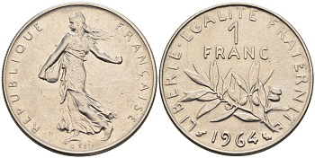 Франция 1 франк 1964 сеятель KM 925.1, Le Franc 226.8 никель    4177-242