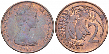 Новая Зеландия 2 цента 1969 Елизавета II (1952-2022), два цветка кохаи KM 32.1 бронза UNC 214-836