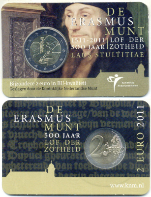 Нидерланды 2 евро 2011 500 лет издания книги «Похвала глупости» Эразма Роттердамского, в оригинальном блистере KM 303 биметалл BU 4-5-2-18