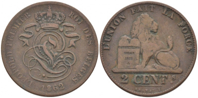 БЕЛЬГИЯ 2 САНТИМА 1862 BELGES KM 4.2 медь 4448-631