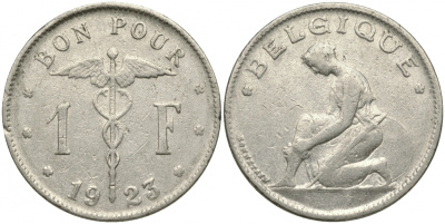 Бельгия 1 франк 1923 Belgique, Альберт I (1909-1934) KM 89 никель 51-1923