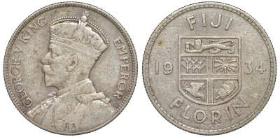 Фиджи 1 флорин 1934 Георг V (1910-1936), герб Фиджи KM 5 серебро    1531-1013