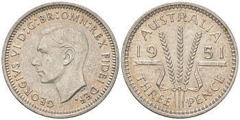 Австралия 3 пенса 1951 PL, Георг V (1936-1952) KM 44 серебро 4621-1222