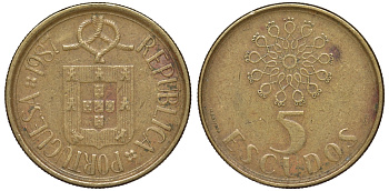 Португалия 5 эскудо 1987 KM 632 никель латунь 4142-1125